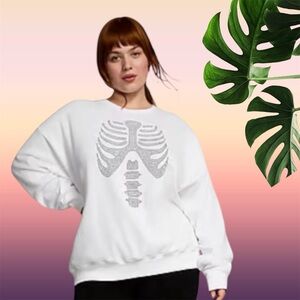 NEW X-Small VS PINK BLING HALLOWEEN SWEATSHIRT WHITE & BLACK SKELETON RHINESTONE